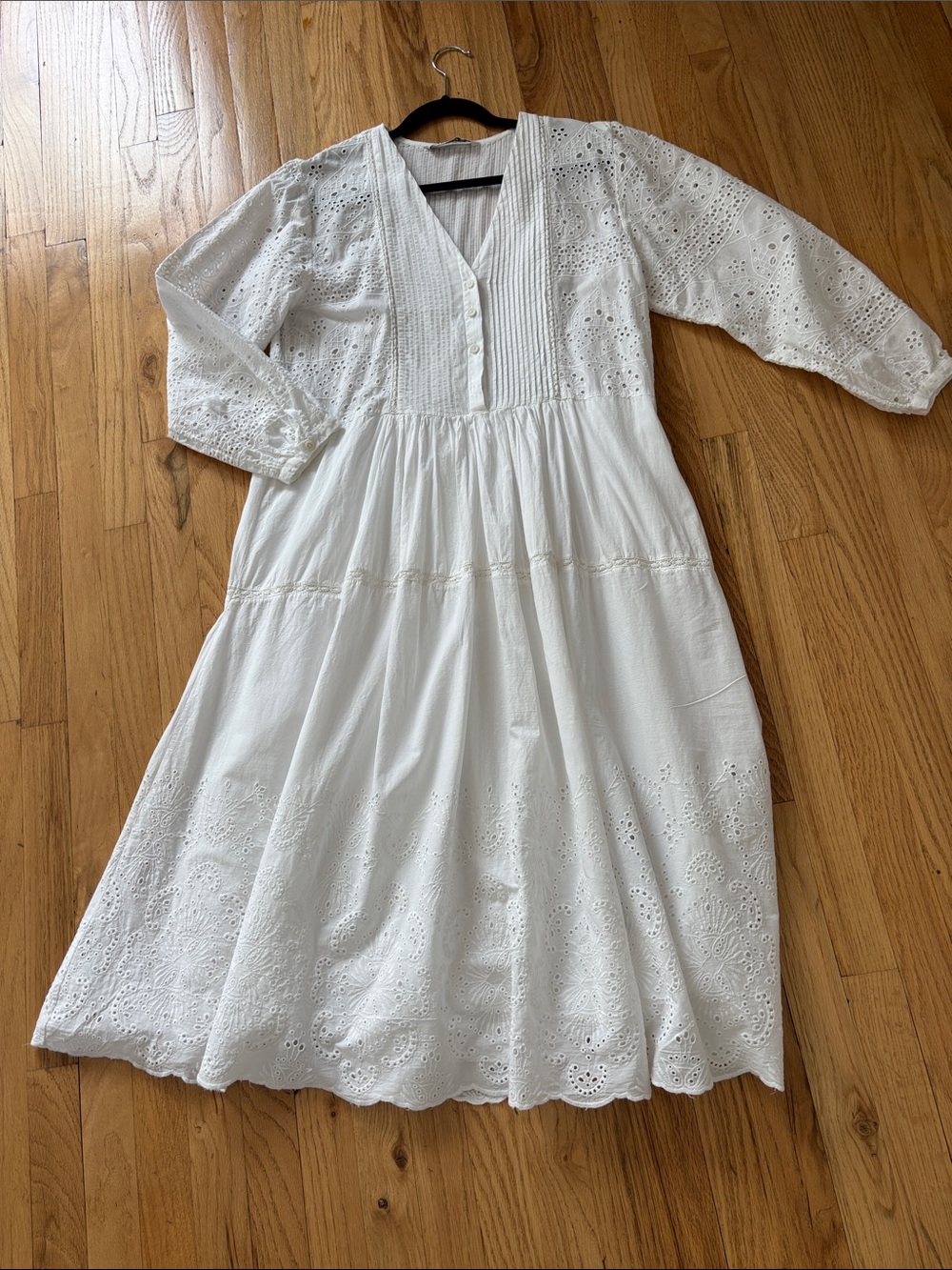 Zara White Eyelet Midi Dress with Pintuck Bodice